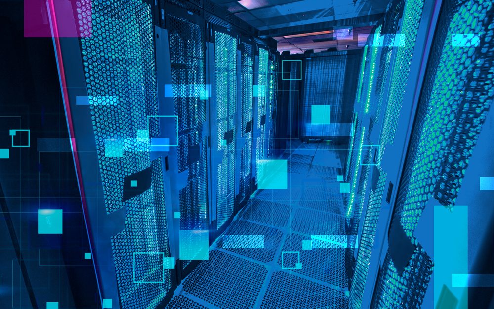Blue-lit data centre aisle with glowing digital overlays